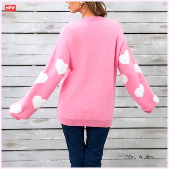 Oversized Heart Print Sweater Knitted Pullover Long Sleeve Valentine's Day Chic - Picture 6 of 6